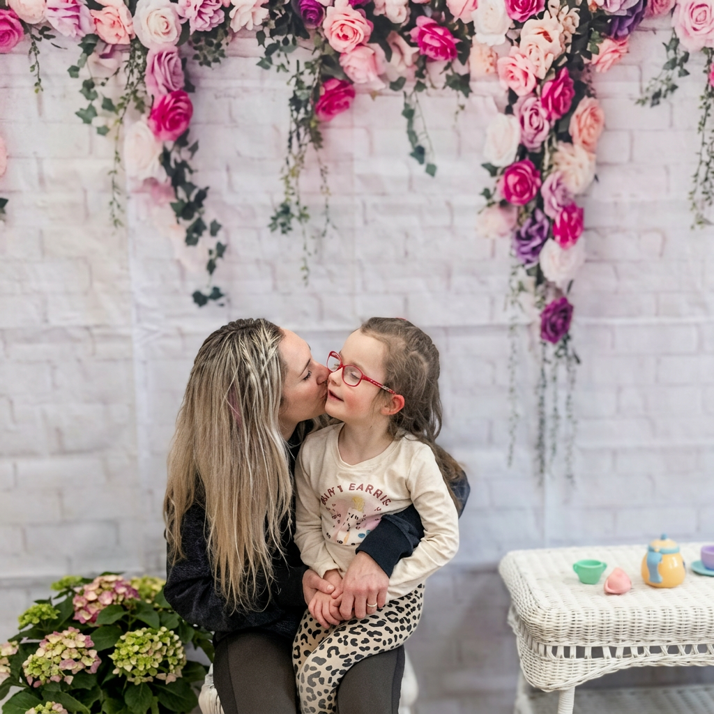 Diana with her daughter, surrounded by soft flowers.